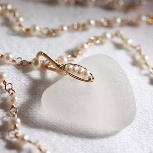 White heart sea glass pendant on a pearl and 14kt GF chain