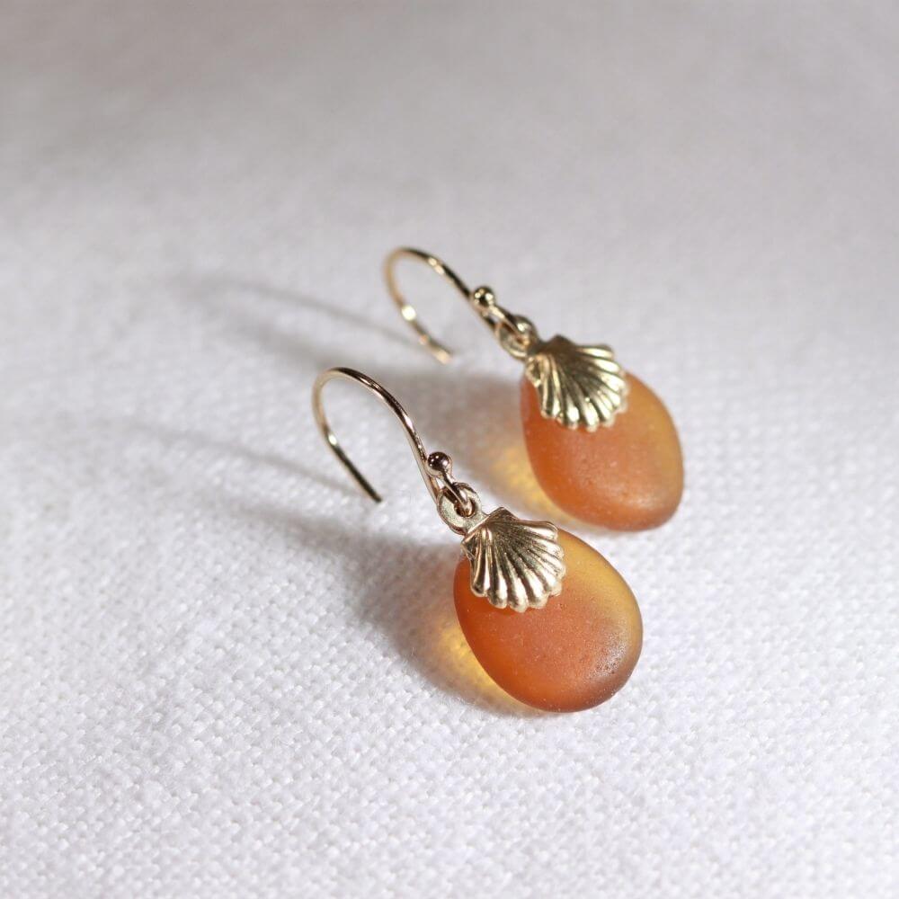 Amber Sea Glass Earrings in 14 kt gold-filled