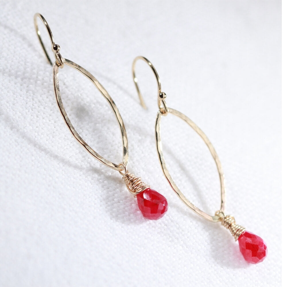 Ruby Briolette Gemstone Hammered marquise Hoop Earrings in 14 kt Gold Filled
