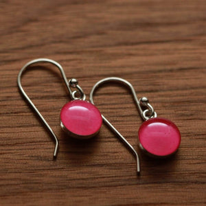 Fuchsia Pink earrings made from recycled Starbucks gift cards, sterling silver and resin