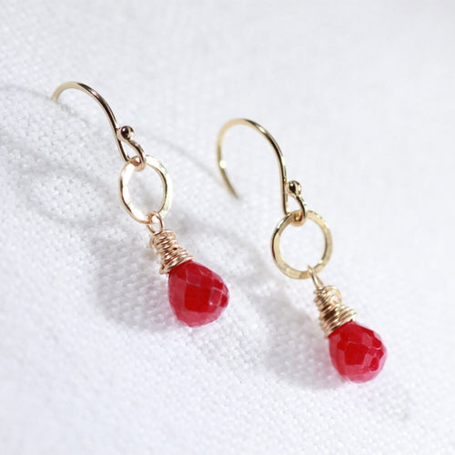 Ruby Gemstone and hammered circle Earrings in 14 kt Gold Filled