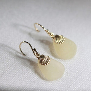 Yellow Sea Glass Earrings with 14 kt gold-filled shell charm