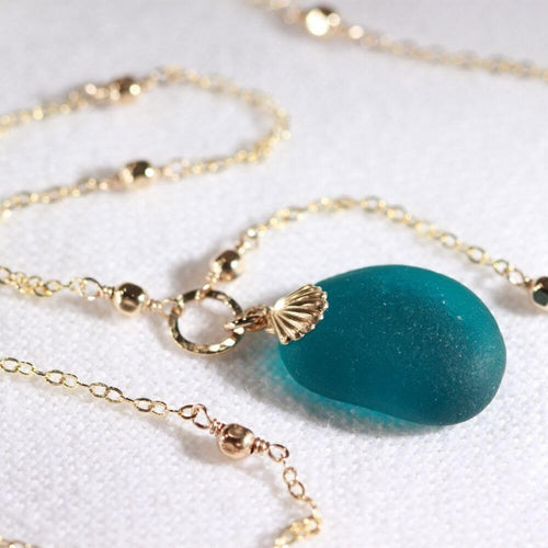 Deep Teal English Sea Glass necklace in 14kt GF