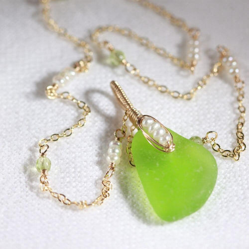Lime Green Sea Glass, Peridot gemstones and freshwater pearls in 14kt GF