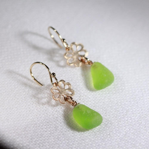 Lime Green Sea Glass Earrings on hammered 14 kt gold-filled flower.