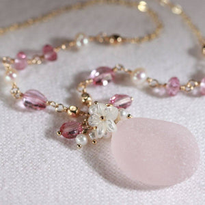 Blush Pink Sea Glass with Pink Topaz and pearl, chain in 14kt GF
