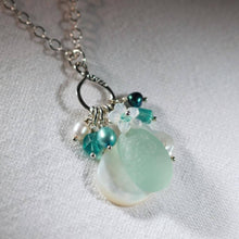 Load image into Gallery viewer, Sea Foam Green Sea Glass, Apatite and Freshwater Pearl Treasure Necklace