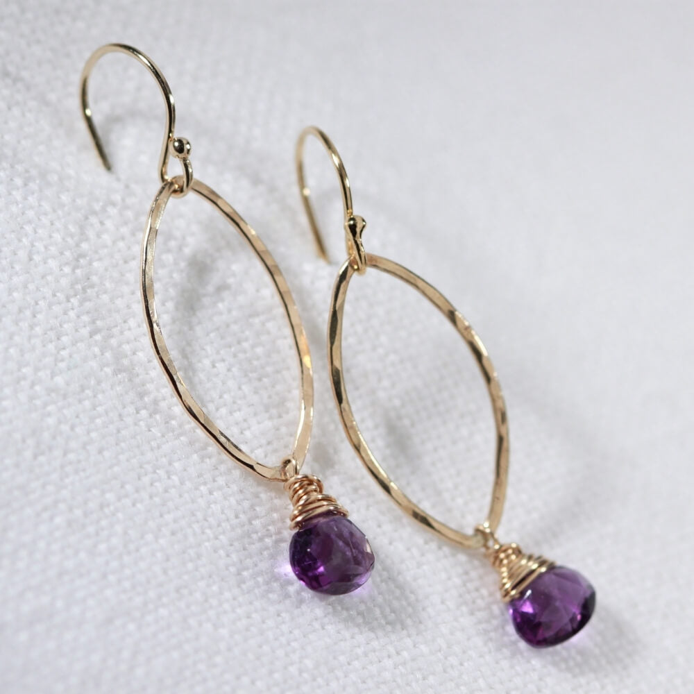 Amethyst Hammered marquise Hoop Earrings in 14 kt Gold Filled