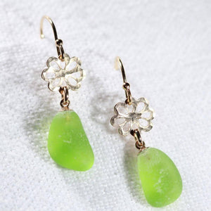Lime Green Sea Glass Earrings on hammered 14 kt gold-filled flower