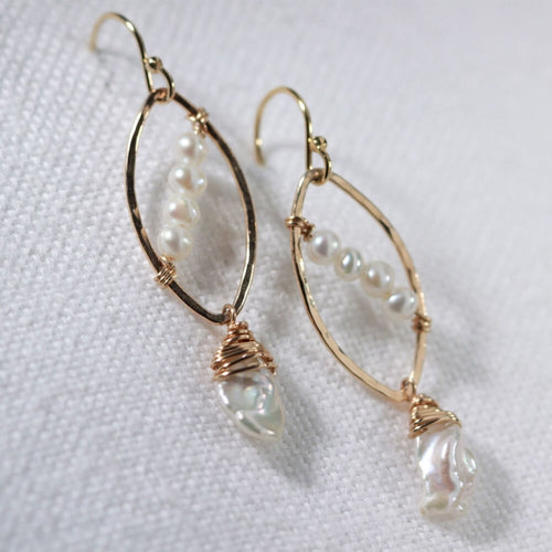 Freshwater Keshi pearl and Hammered marquise Hoop Earrings in 14 kt Gold Filled
