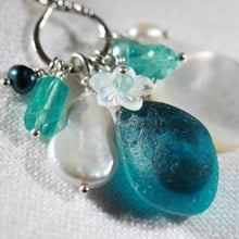 Load image into Gallery viewer, Teal Multi Sea Glass, Apatite, and pearl Treasure Necklace