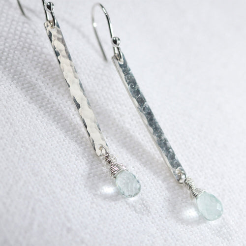 Aquamarine briolette gemstone and Hammered Bar Earrings in Sterling Silver
