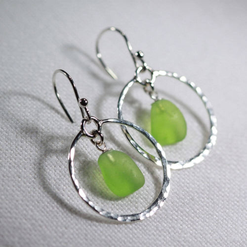 Hammered Circle Sea Glass Earrings in Silver (Choose Color)