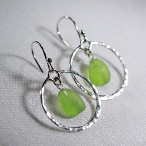 Hammered Circle Sea Glass Earrings in Silver (Choose Color)