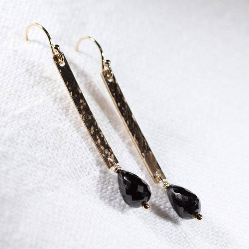 Black Garnet gemstone and Hammered Bar Earrings in 14 kt Gold Filled