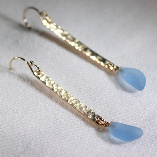 Cornflower Blue Sea Glass hammered bar earrings in 14 kt gold-filled