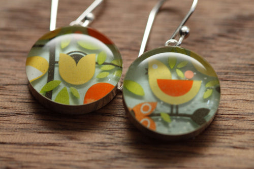 Bird and Flower earrings with sterling silver and resin. Made from recycled, upcycled gift cards