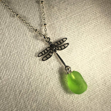 Load image into Gallery viewer, Sea Glass Dragonfly Charm Necklace in Silver (choose Color)