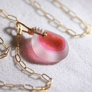 Bright Pink Sweet English Multi sea glass and chain in 14kt GF