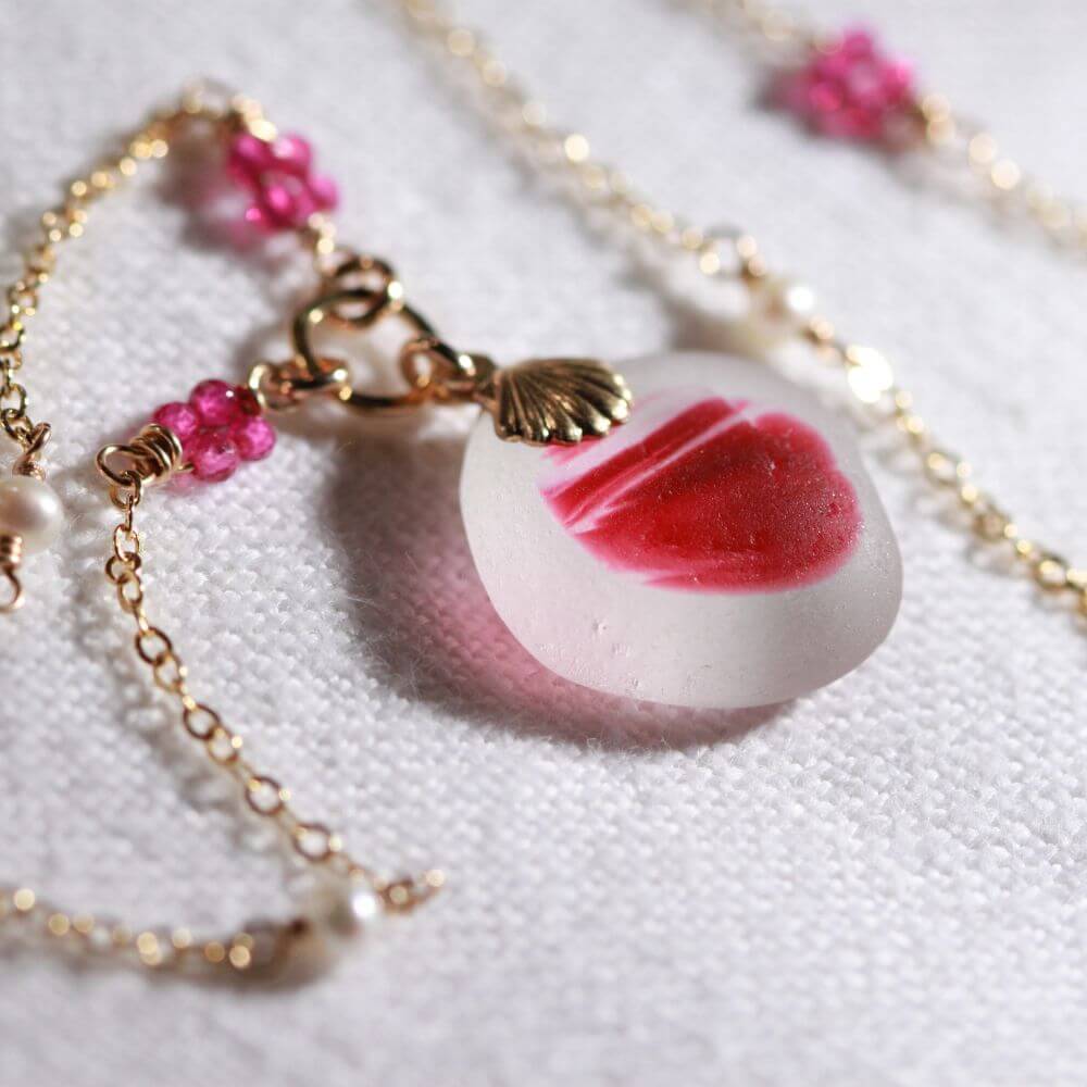 Bright Pink English Multi sea glass, Ruby and chain in 14kt GF
