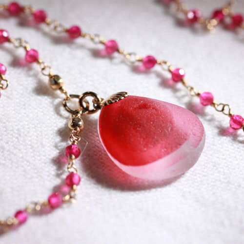 Bright Pink/Red English Multi Sea Glass with Tourmaline chain in 14kt GF