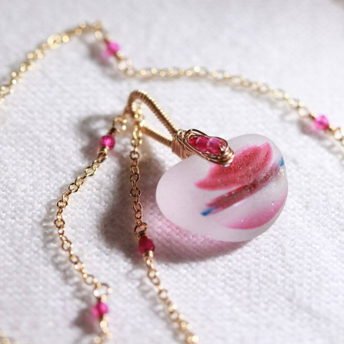 Bright Pink and purple English Multi sea glass, Ruby and chain in 14kt GF