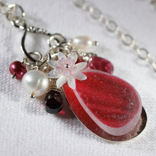 Beautiful Rosy red Multi Sea Glass Treasure Necklace