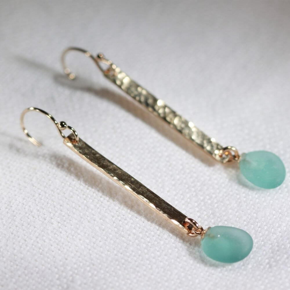 Aqua Sea Glass hammered bar earrings in 14 kt gold-filled