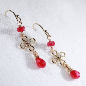 Ruby Dangle and Flower with CZ Earrings in 14 kt Gold Filled