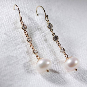 Freshwater Pearl and CZ Chain Dangle Earrings in 14 kt Gold Filled