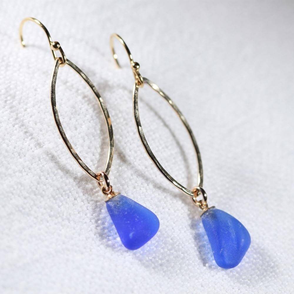 Cobalt blue Sea Glass Earrings in hammered 14 kt gold-filled marquee hoop