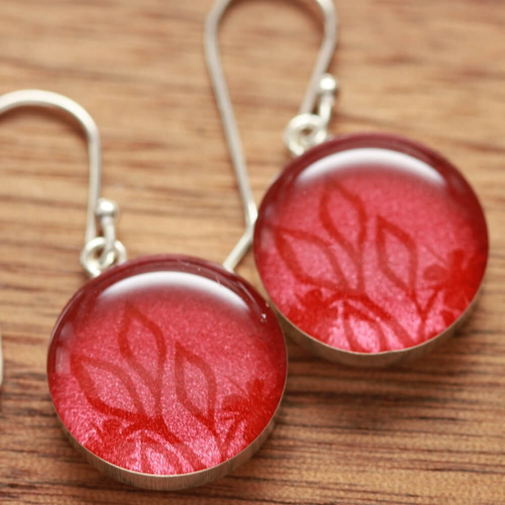 Shimmering Red 15 mm earrings made from recycled Starbucks gift cards, sterling silver and resin
