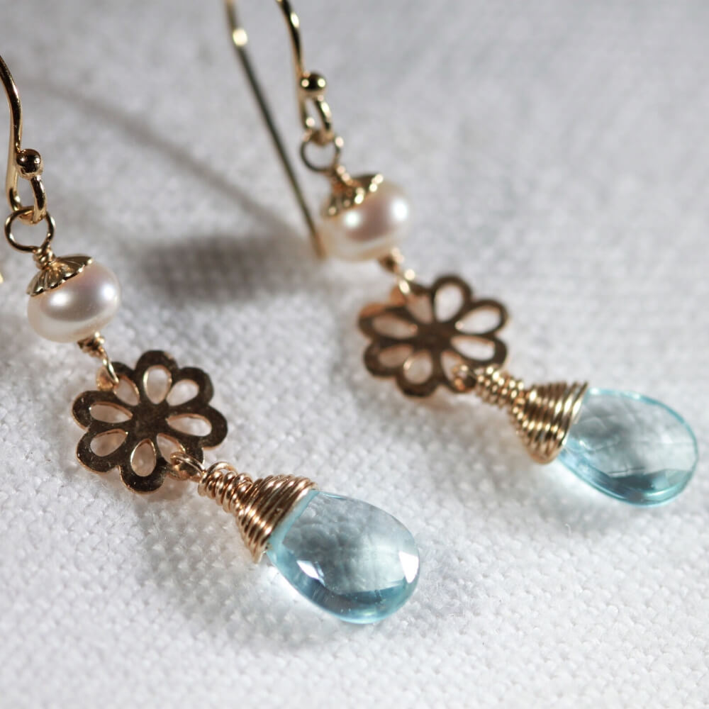 Swiss Blue Topaz pearl and hammered flower Earrings in 14 kt Gold Filled