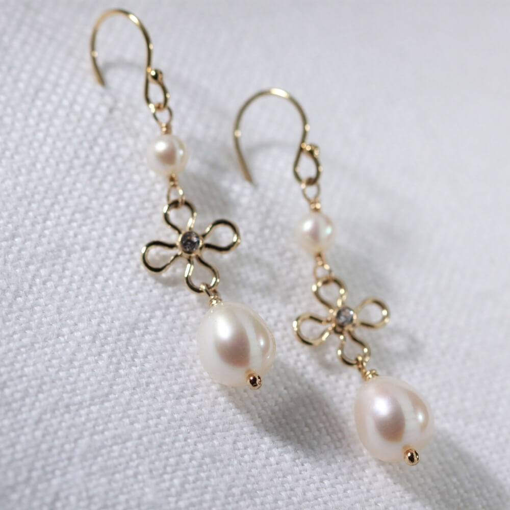 Freshwater Pearl Dangle and Flower with CZ Earrings in 14 kt Gold Filled