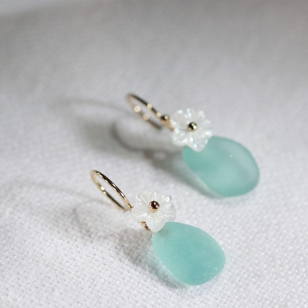 Aqua Sea Glass Earrings in 14 kt gold-filled with a MOP flower charm