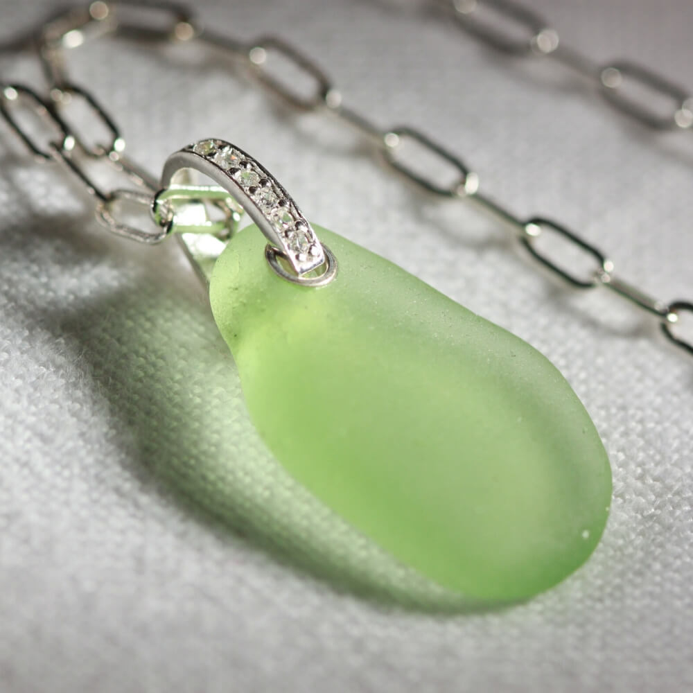 Limy green Sea Glass One of a Kind Necklace in Sterling Silver