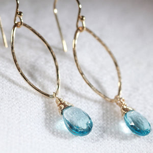 London Blue Topaz Hammered marquise Hoop Earrings in 14 kt Gold Filled