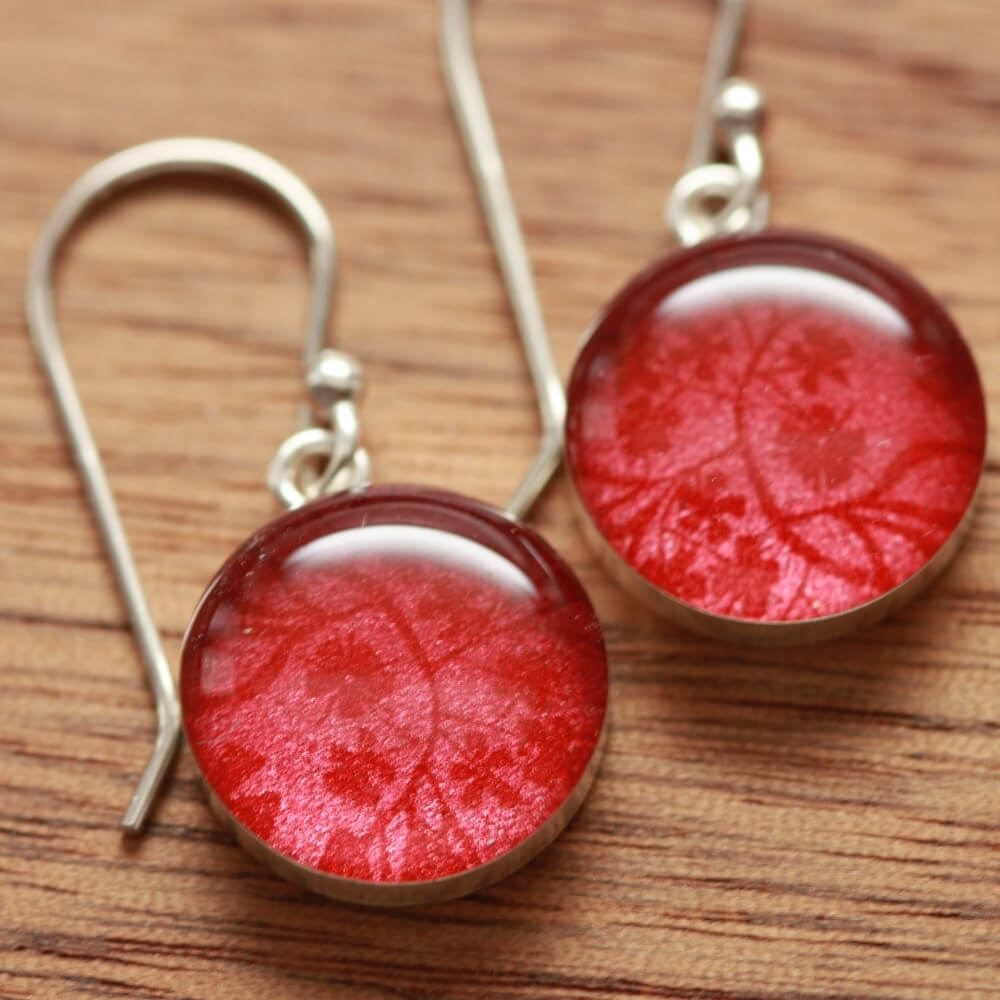 Shimmering Red 12 mm earrings made from recycled Starbucks gift cards, sterling silver and resin