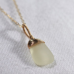 Soft yellow Sea Glass necklace hand wire wrapped in 14kt GF