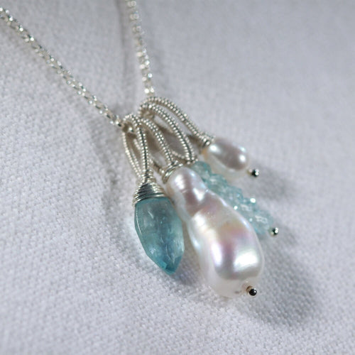 Aquamarine, Swiss Blue Topaz, Freshwater Pearl Multi Charm Necklace in sterling silver