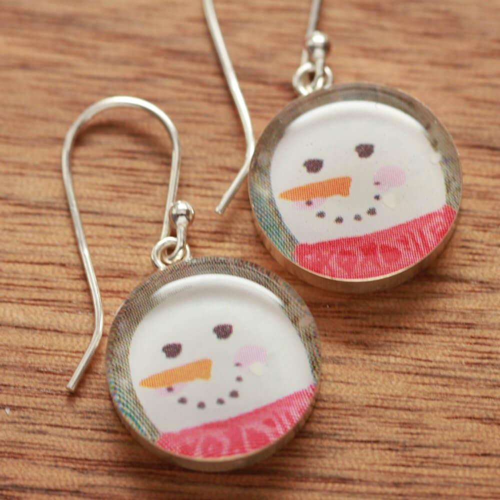 Snowman earrings made from recycled Starbucks gift cards, sterling silver and resin