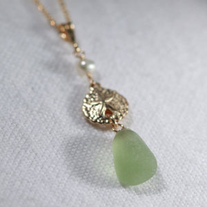 Olive Sea Glass necklace with a pearl and 14kt GF sand dollar