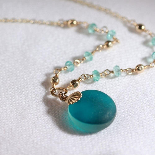 Teal English Multi sea glass and Apatite gemstones in 14kt GF