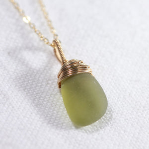 Khaki Sea Glass necklace hand wire wrapped in 14kt GF