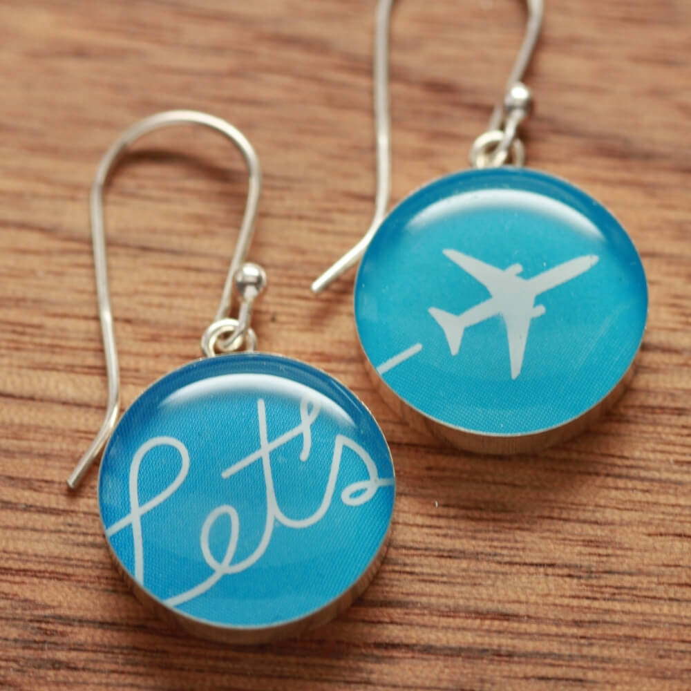 Airplane earrings made from recycled Starbucks gift cards, sterling silver and resin