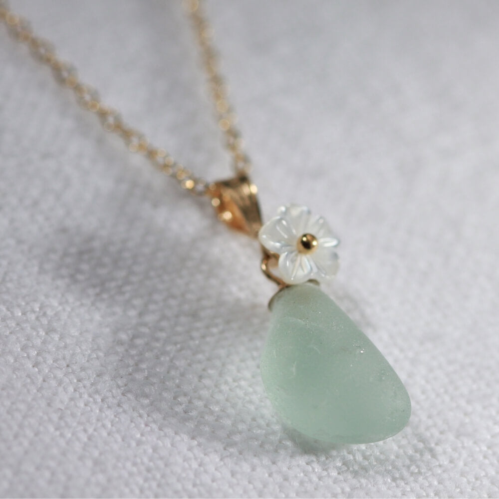 Sea foam green Sea Glass necklace in 14kt GF with a carved MOP flower