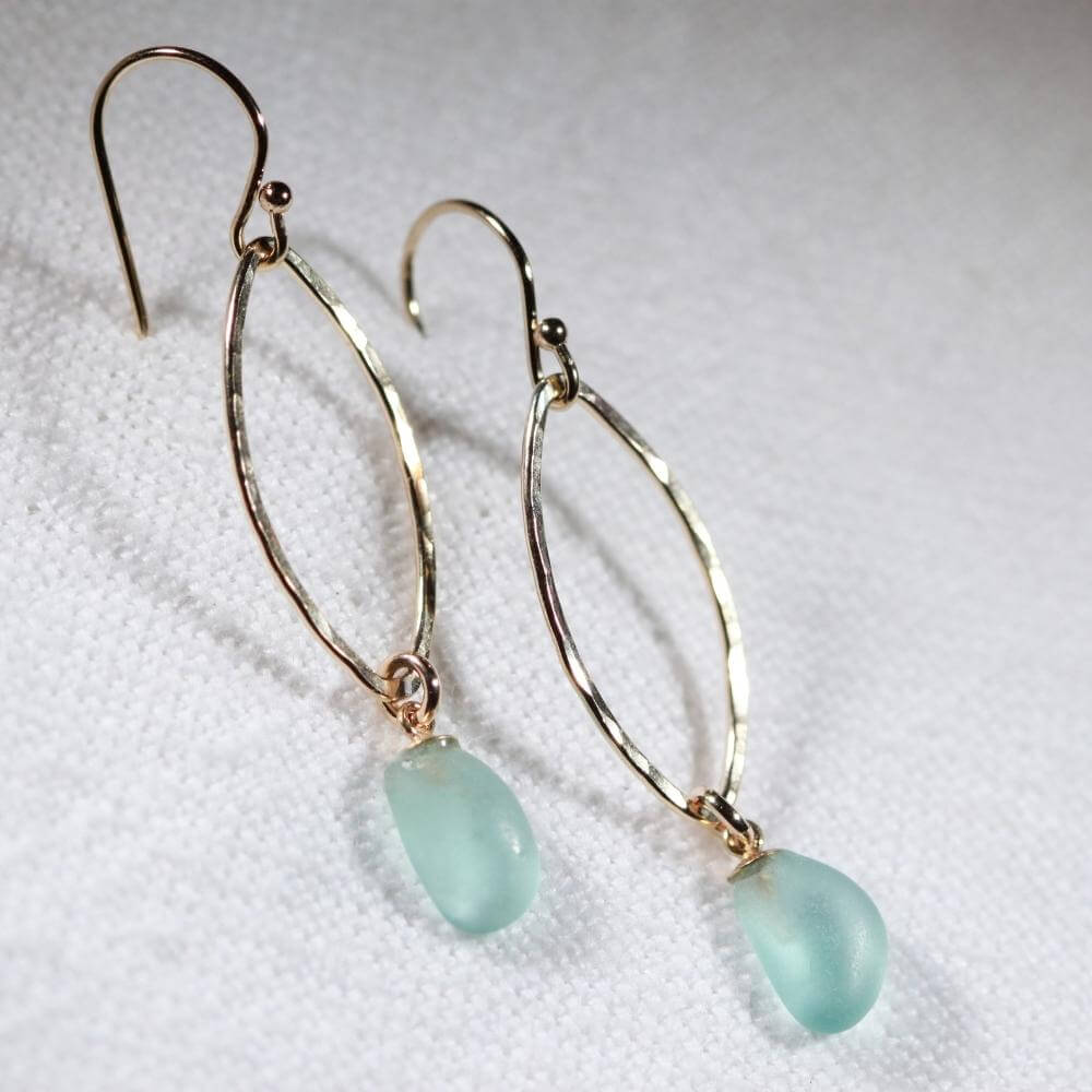 Aqua Sea Glass Earrings in hammered 14 kt gold-filled marquee hoop