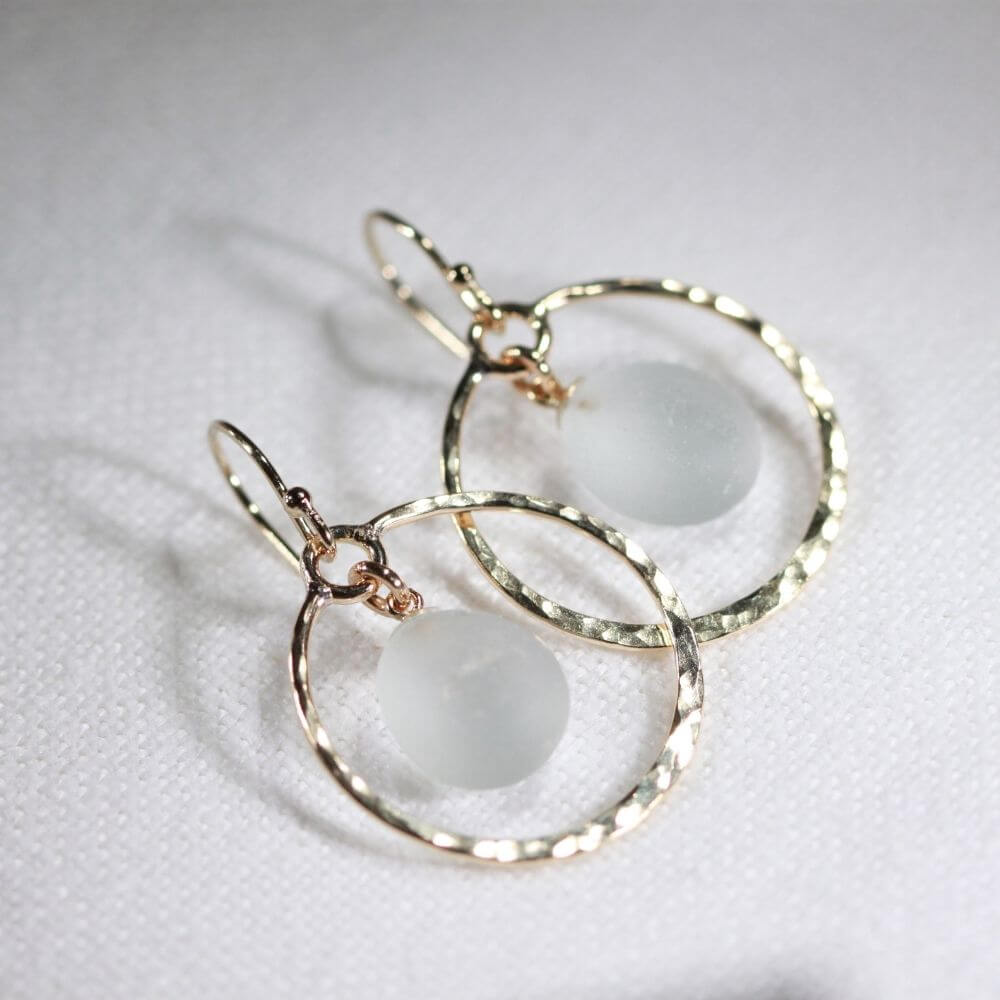 Gray Sea Glass on hammered 14 kt gold-filled hoops