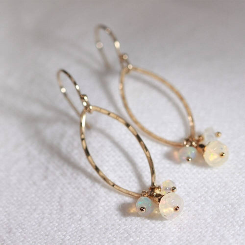 Opal Hammered marquise Hoop Earrings in 14 kt Gold Filled