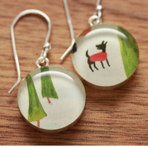 Little snow dog earrings made from recycled Starbucks gift cards, sterling silver and resin